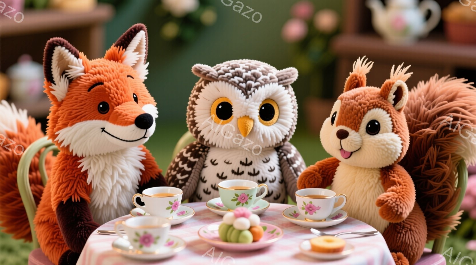 鮮やかなオレンジ色のキツネ、茶色のフクロウ、そして赤褐色のリスが、ピンク色のテーブルを囲んでティーパーティーを楽しんでいます。彼らは皆、穏やかな表情でティーカップを持っており、テーブルの上には可愛らし - AI生成フリー素材