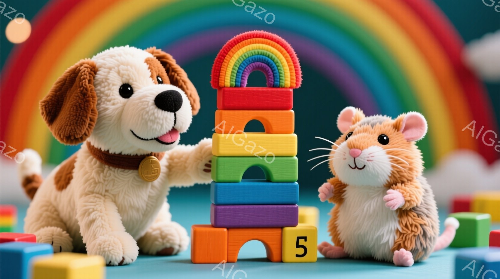 明るい青色の背景に、積み木で作られた虹の塔が立っている。茶色と白の毛並みを持つ犬のぬいぐるみと、オレンジと白の毛並みを持つハムスターのぬいぐるみが積み木を取り囲み、犬は積み木をそっと支えている。全体的 - AI生成フリー素材