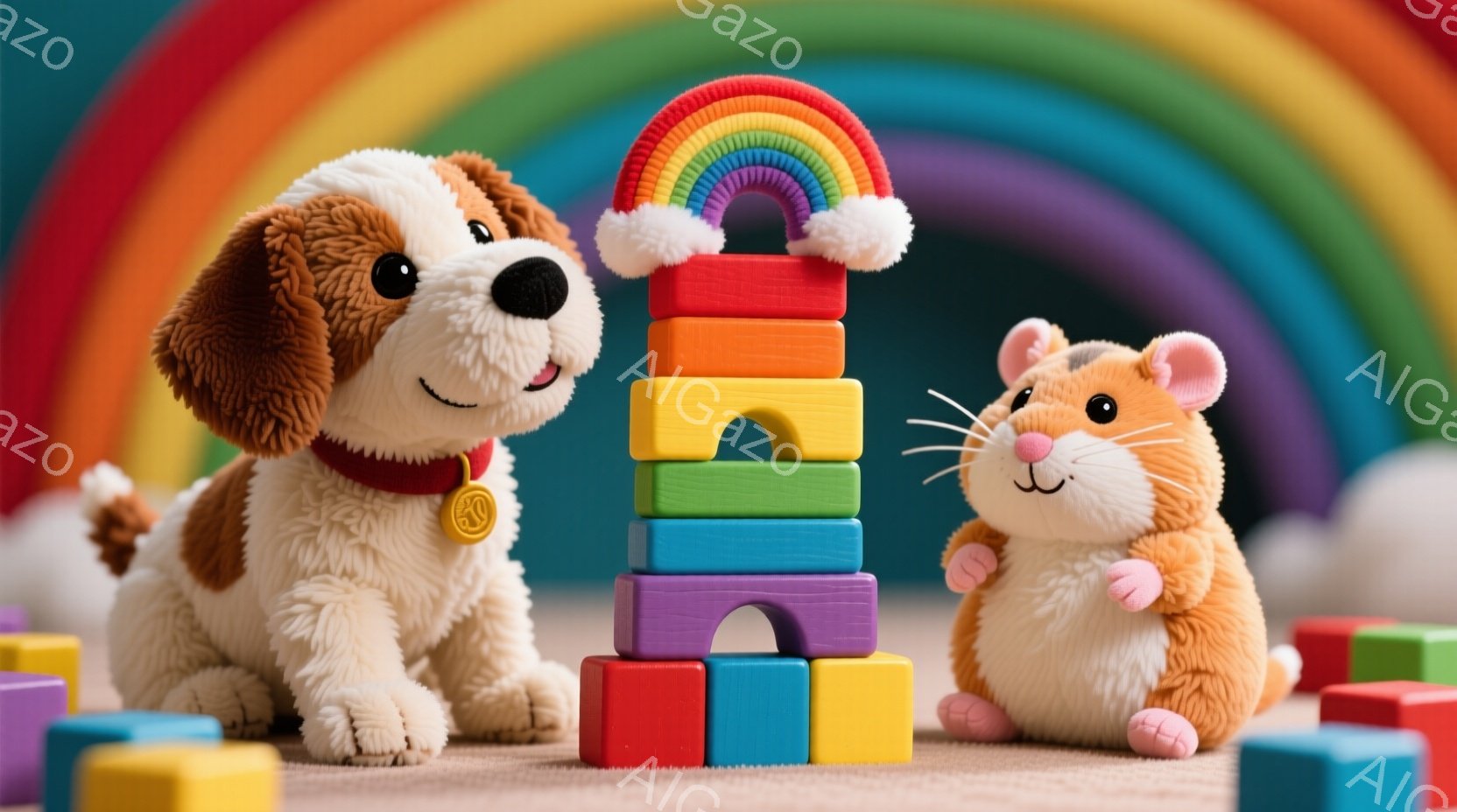 ふわふわの犬とハムスターが、カラフルな積み木で作られた塔の前に座っています。犬は赤い首輪をつけており、好奇心に満ちた表情で積み木を見上げています。背景には虹と雲があり、全体的に暖かく、遊び心のある雰囲 - AI生成フリー素材