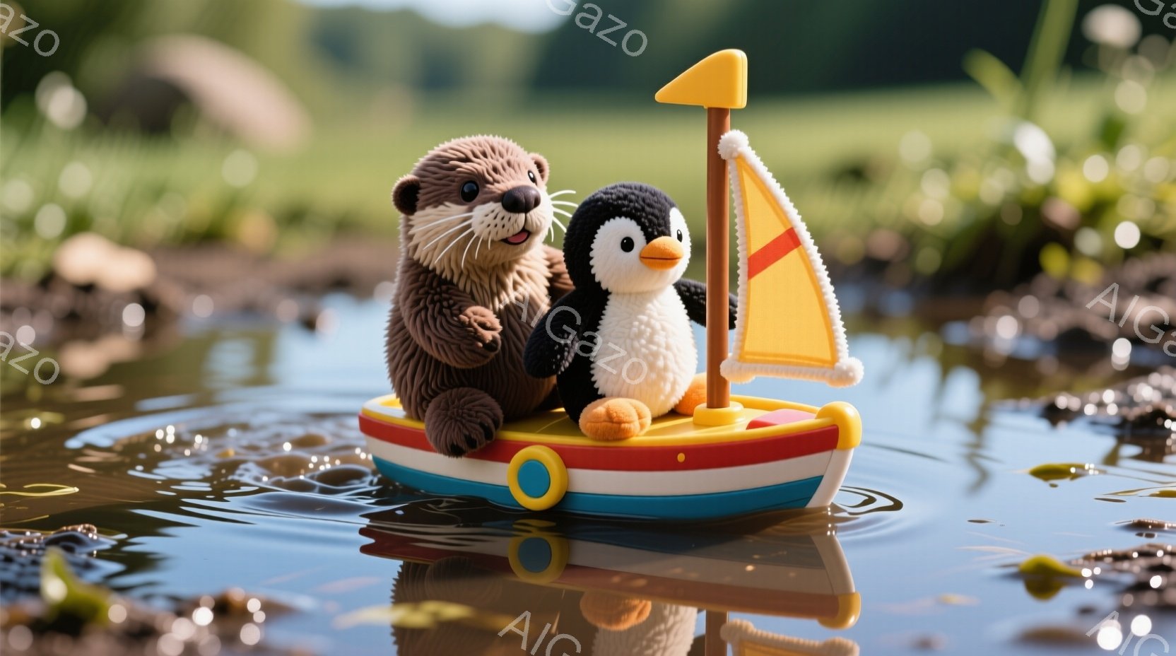 カワウソとペンギンのぬいぐるみのおもちゃが、黄色い帆の付いた小さなプラスチック製のボートに乗っています。ボートは水面を漂い、カワウソは嬉しそうな表情で前を見つめ、ペンギンは少し後ろを向いています。背景 - AI生成フリー素材