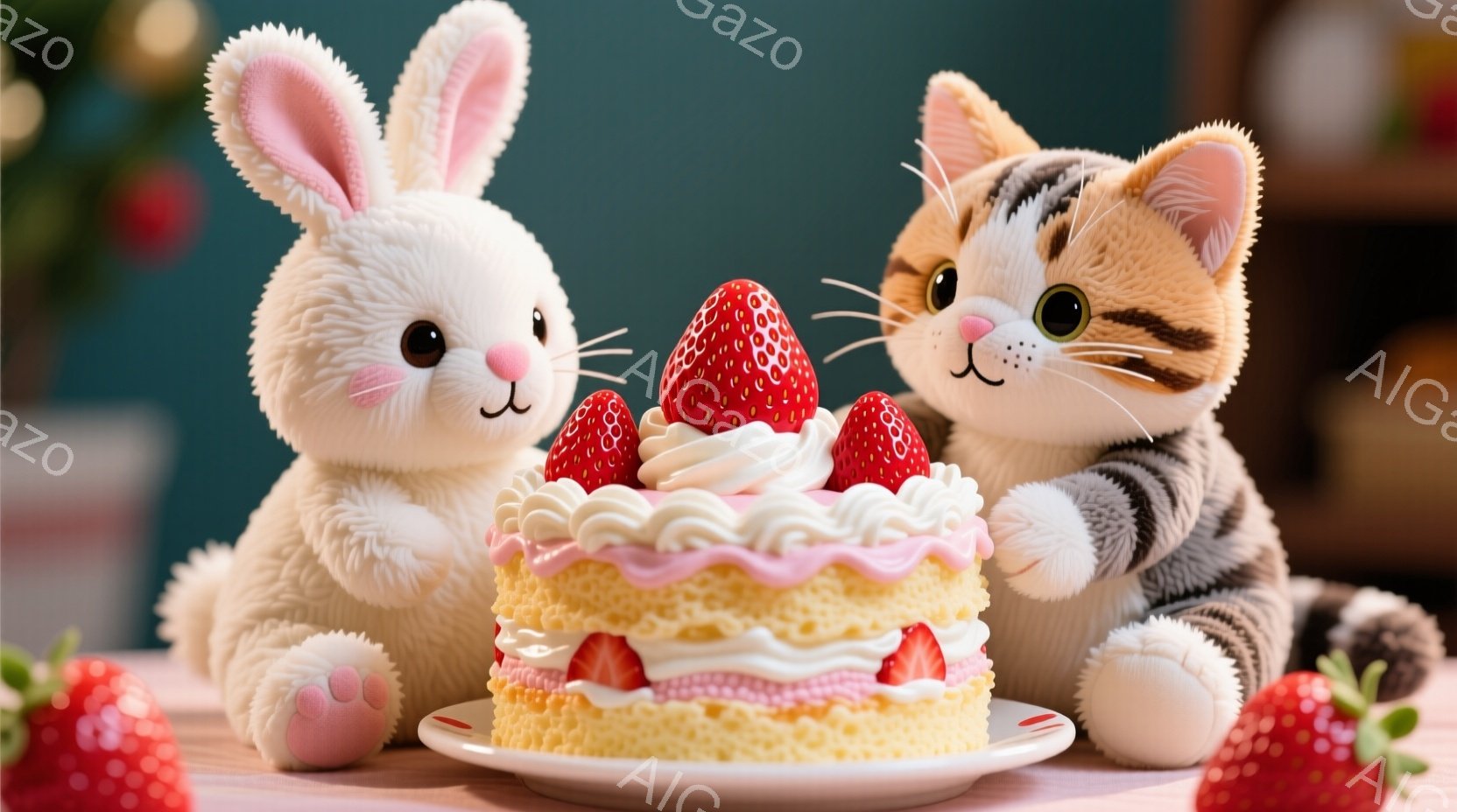ふわふわの白いウサギと縞模様の猫が、イチゴを飾った短いケーキを挟んで座っています。ウサギはピンク色の足の裏を見せ、猫はケーキを見つめながら片手を少し上げています。背景はターコイズブルーで、ケーキの周り - AI生成フリー素材