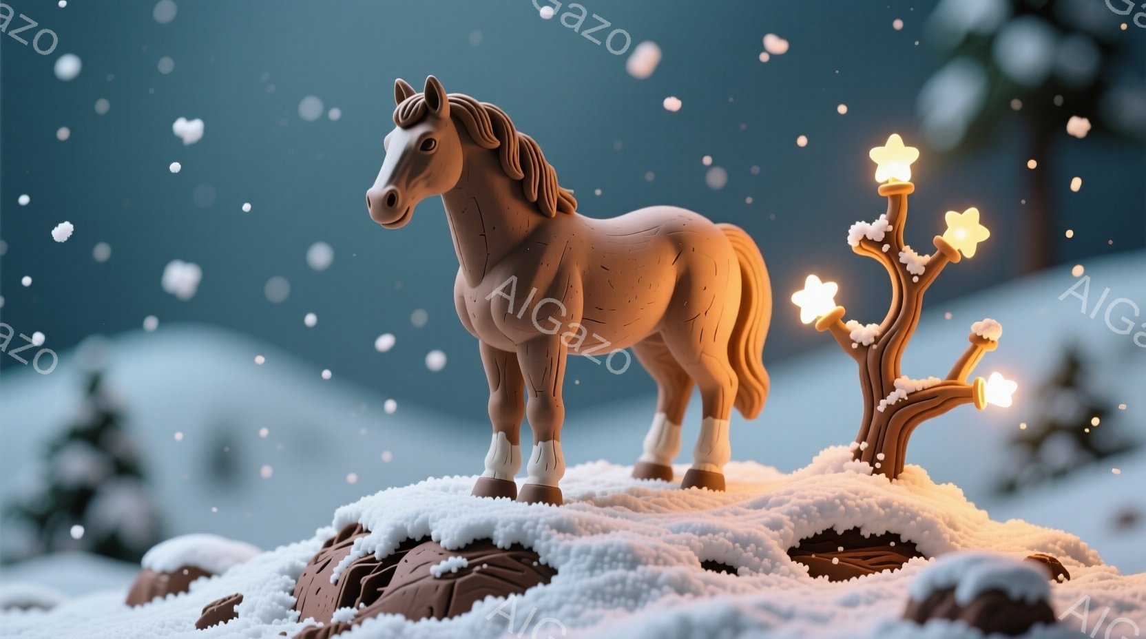 チョコレート色の馬が雪に覆われた丘の上に立っている。背景にはぼやけた針葉樹林と、ちらつく雪が広がっており、暖かく幻想的な雰囲気を醸し出している。馬の足元にはチョコレートの破片のようなものが散らばり、丘 - AI生成フリー素材