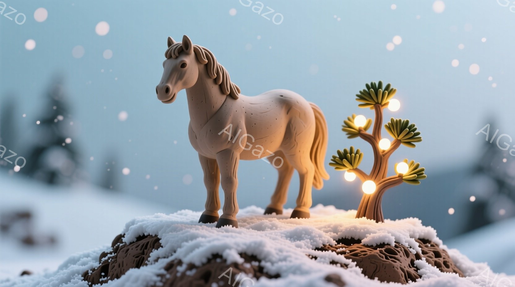 雪景色の中に、クリーム色の馬の置物が置かれた茶色の隆起した地面に立っています。背後には、小さな点灯されたランプが連なった、緑色の低い木があります。全体的に、静かで幻想的な冬の雰囲気を醸し出しており、雪 - AI生成フリー素材