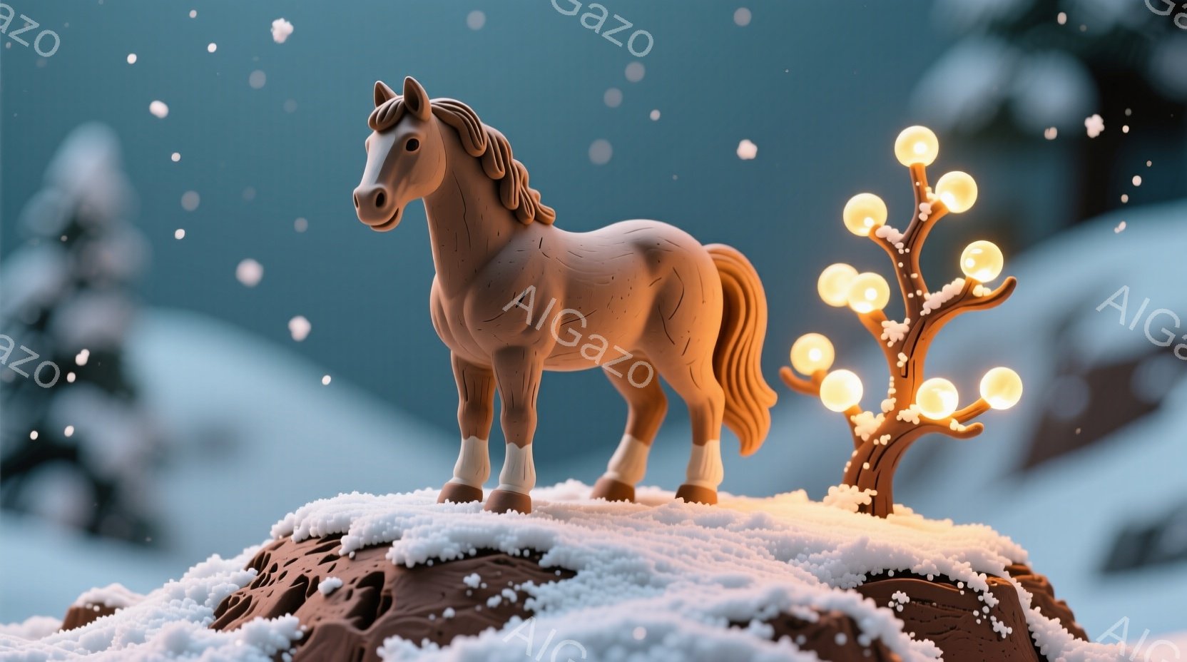 雪に覆われた茶色の土台の上に、白い足元の茶色の馬が立っている。背景には、雪に覆われた山々と、小さな光を放つ木の枝がぼんやりと見える。全体的に、静かで幻想的な冬の雰囲気が漂っている。 - AI生成フリー素材