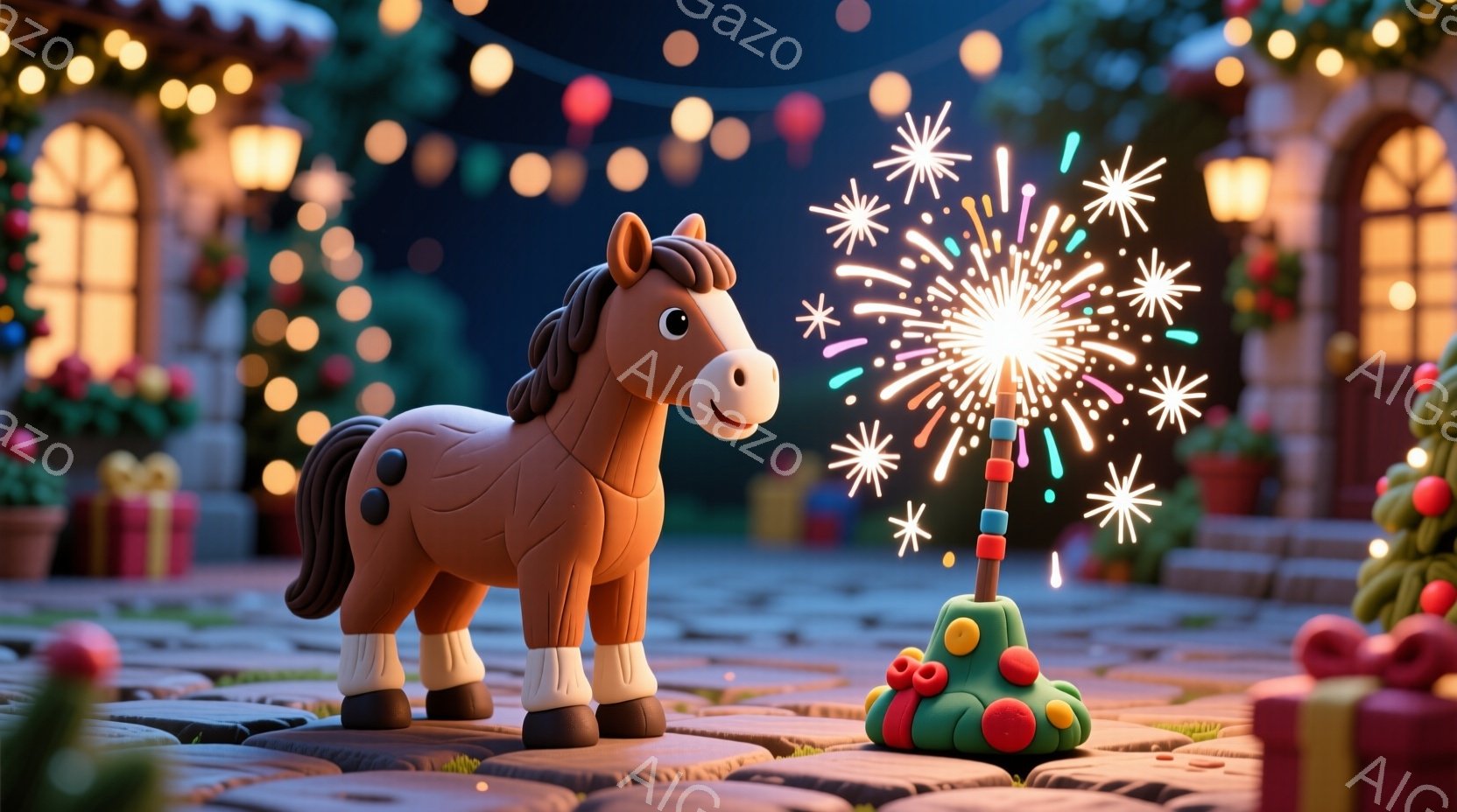 茶色の馬が、プレゼントの山の上に立てられた花火を見つめています。背景には、飾り付けられた建物やクリスマスツリーが並び、プレゼントが置かれた石畳の道が広がっています。全体的に暖かく、お祝いの雰囲気が漂う - AI生成フリー素材