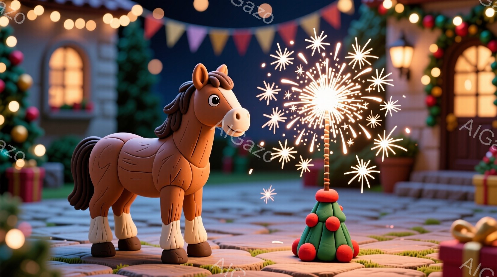 粘土のような質感の茶色の馬が、クリスマスツリーのような積み重ねられた赤い球体の周りで立っており、そこから花火が打ち上げられています。背景には、装飾された建物、きらめく光、そしてプレゼントの箱が見え、冬 - AI生成フリー素材