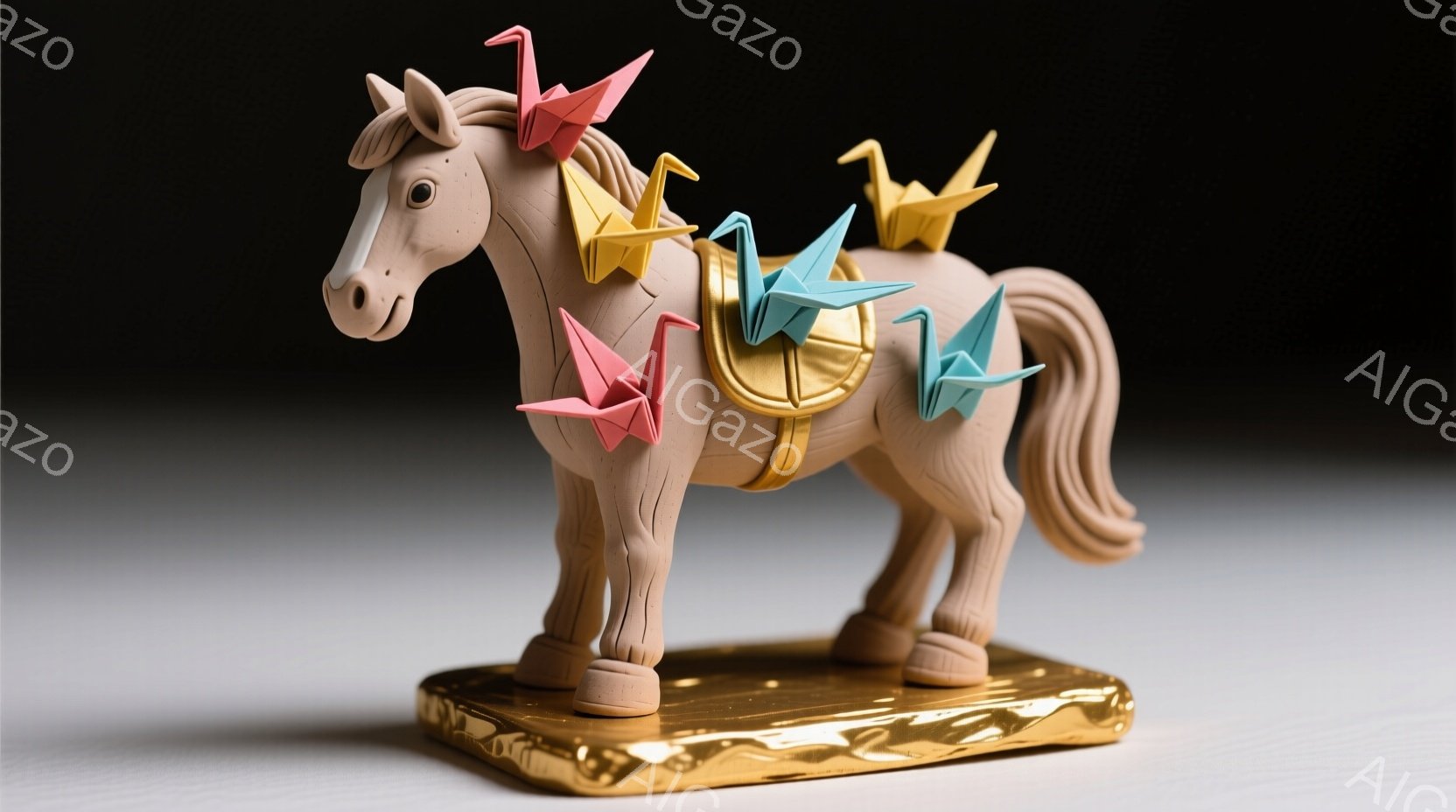 白い馬の彫刻が、金色の台の上に立っている。馬の体には、様々な色の折り紙の鳥が飾り付けられており、まるで空を舞う鳥の群れのようだ。背景はぼかされており、馬と折り紙の鳥が際立っている。 - AI生成フリー素材