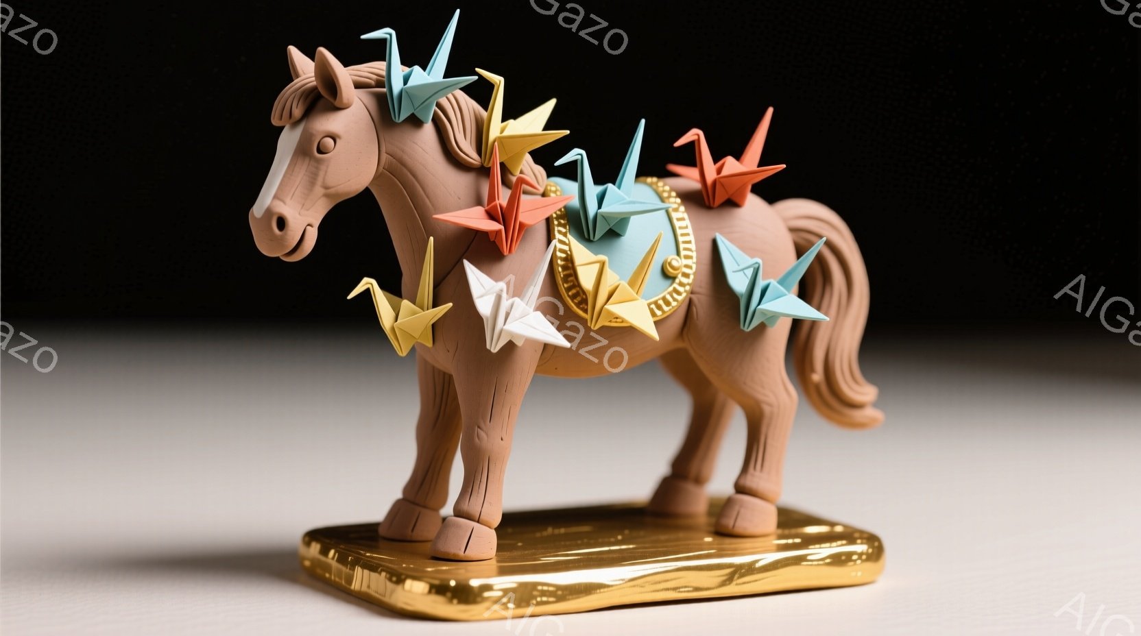 粘土で作られた茶色の馬が、金色の台の上に立っている。馬の体には、様々な色の折り紙の鶴が飾られており、首元には金色のネックレスのようなものが巻かれている。背景は白と黒で統一されており、馬の温かみと折り紙 - AI生成フリー素材