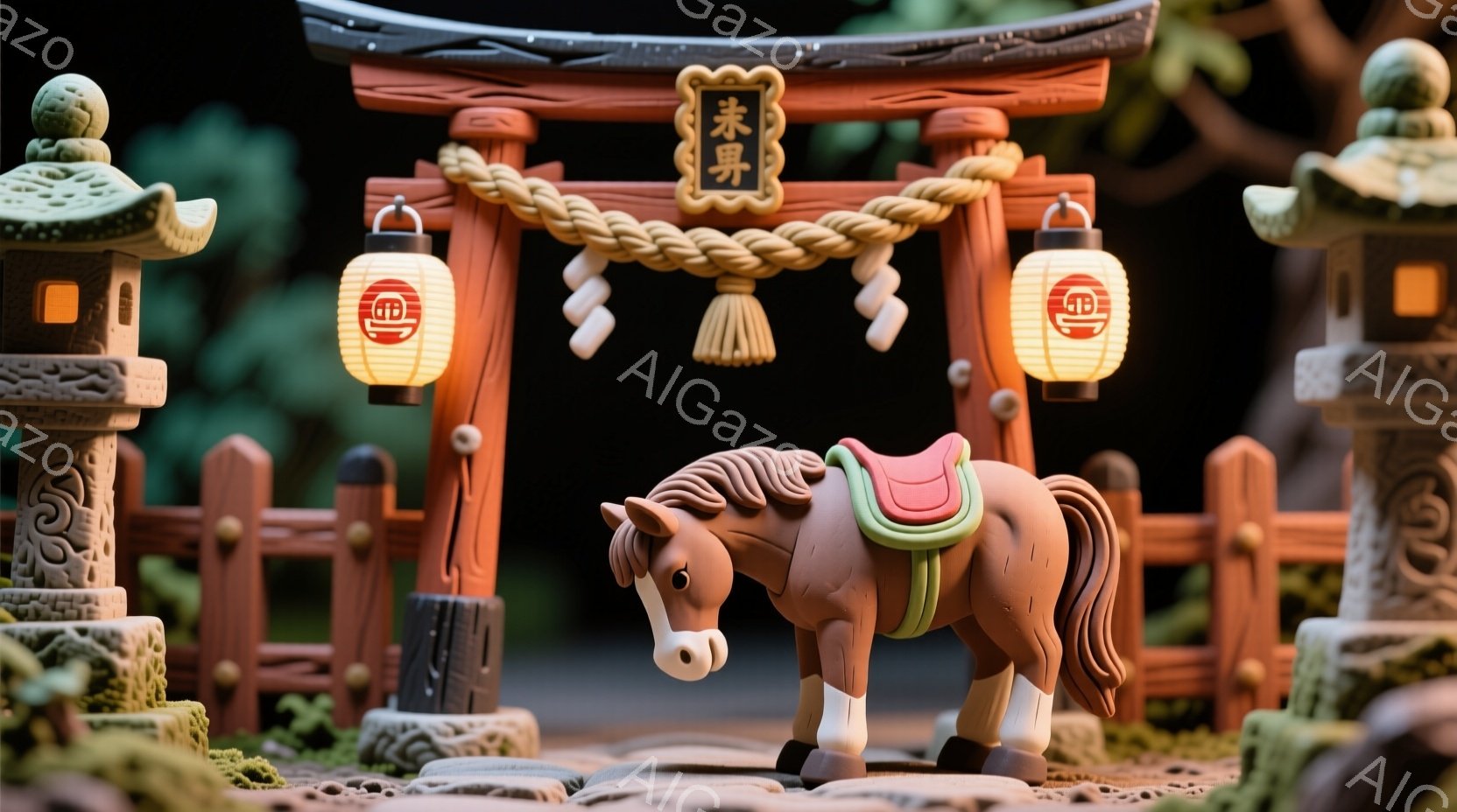 可愛らしい粘土で作られた馬が、日本の伝統的な鳥居の前に立っている様子を描いています。鳥居には「奉納」という文字が書かれ、周りには石灯籠が配置され、緑豊かな自然に囲まれています。全体的に温かく、牧歌的な雰囲気が漂い、まるでアニメ映画のワンシーンのようです。