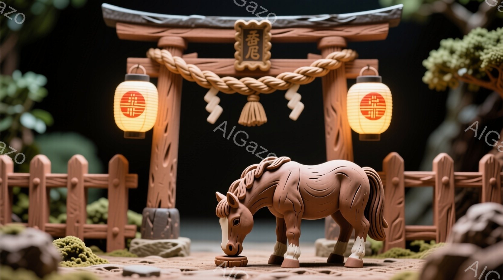 小さな土製の馬が、小さな土の柵に囲まれた場所で地面の草を食べている。背景には、伝統的な日本の鳥居があり、両脇に提灯が飾られている。全体的に、ミニチュアの風景が温かく、素朴な雰囲気を醸し出している。