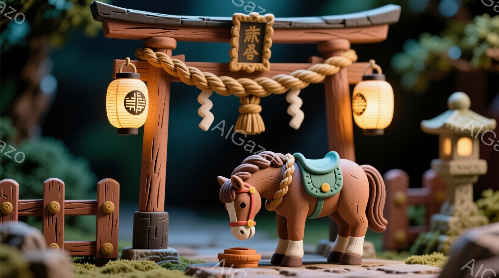 可愛らしい陶器のような馬が、日本の伝統的な風景の中に佇んでいます。馬は緑色の鞍を背負い、土製の水飲み場に顔を近づけて水を飲もうとしている姿は穏やかです。背景には、提灯と石灯籠、そして木製の柵が並び、緑 - AI生成フリー素材