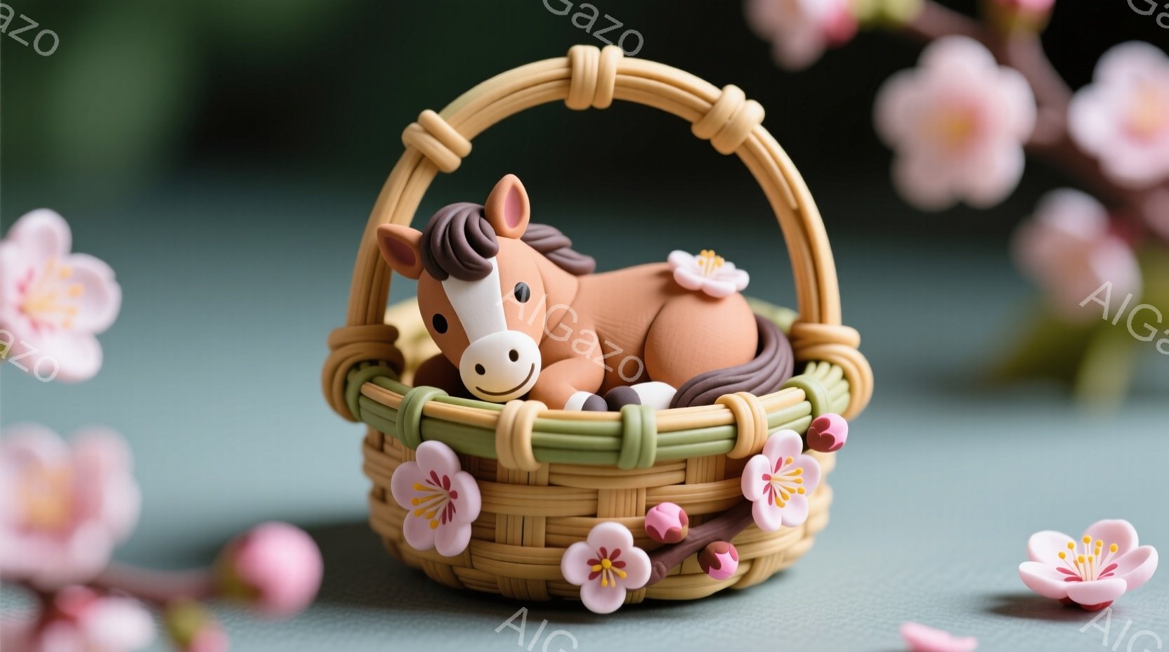 小さな茶色の馬が、籐編みのバスケットの中で丸まって眠っています。バスケットの周りには桜の花が散りばめられ、背景は淡い水色で、春の穏やかな雰囲気を醸し出しています。馬の表情は穏やかで、全体的に可愛らしく優しい印象を与えます。