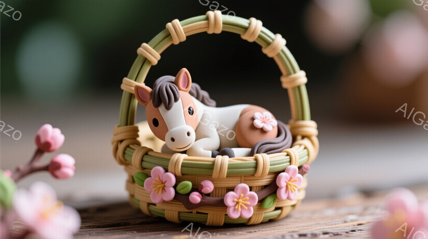 小さな茶色の馬が、編まれた籐のバスケットの中に横たわっています。馬は白と茶色の毛並みで、穏やかな表情をしています。周りにはピンク色の桜の花が飾られ、木製のテーブルの上に置かれています。 - AI生成フリー素材
