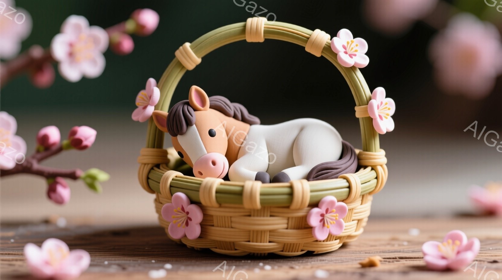 白い馬の置物が、籐編みのバスケットの中に横たわっています。ピンク色の桜の花がバスケットの縁とテーブルの上に散りばめられ、春の穏やかな雰囲気を醸し出しています。背景はぼかされており、木製のテーブルと桜の - AI生成フリー素材