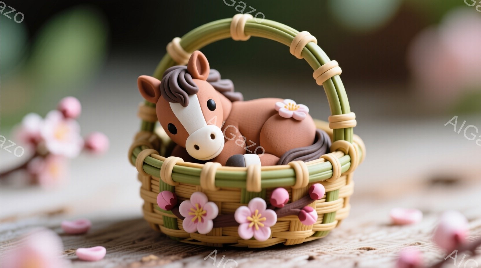 小さな茶色の馬の置物が、緑と黄色の編み込みの籠の中に丸まって眠っています。籠の周りには、ピンク色の桜の花びらが散りばめられ、春の穏やかな雰囲気を演出しています。背景はぼかされており、木製のテーブルのよ - AI生成フリー素材