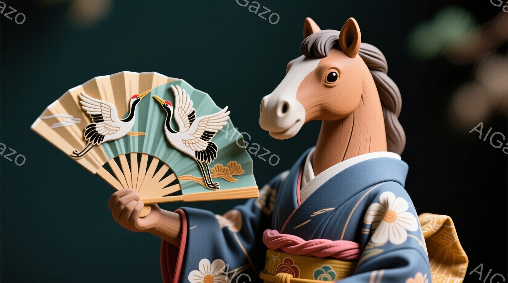 着物を着た馬の彫刻です。青色の着物は白い菊の花模様で飾られ、金色の帯が締めてあります。馬は扇子を持ち、鶴の絵が描かれており、穏やかな表情でこちらを見ているようです。 - AI生成フリー素材