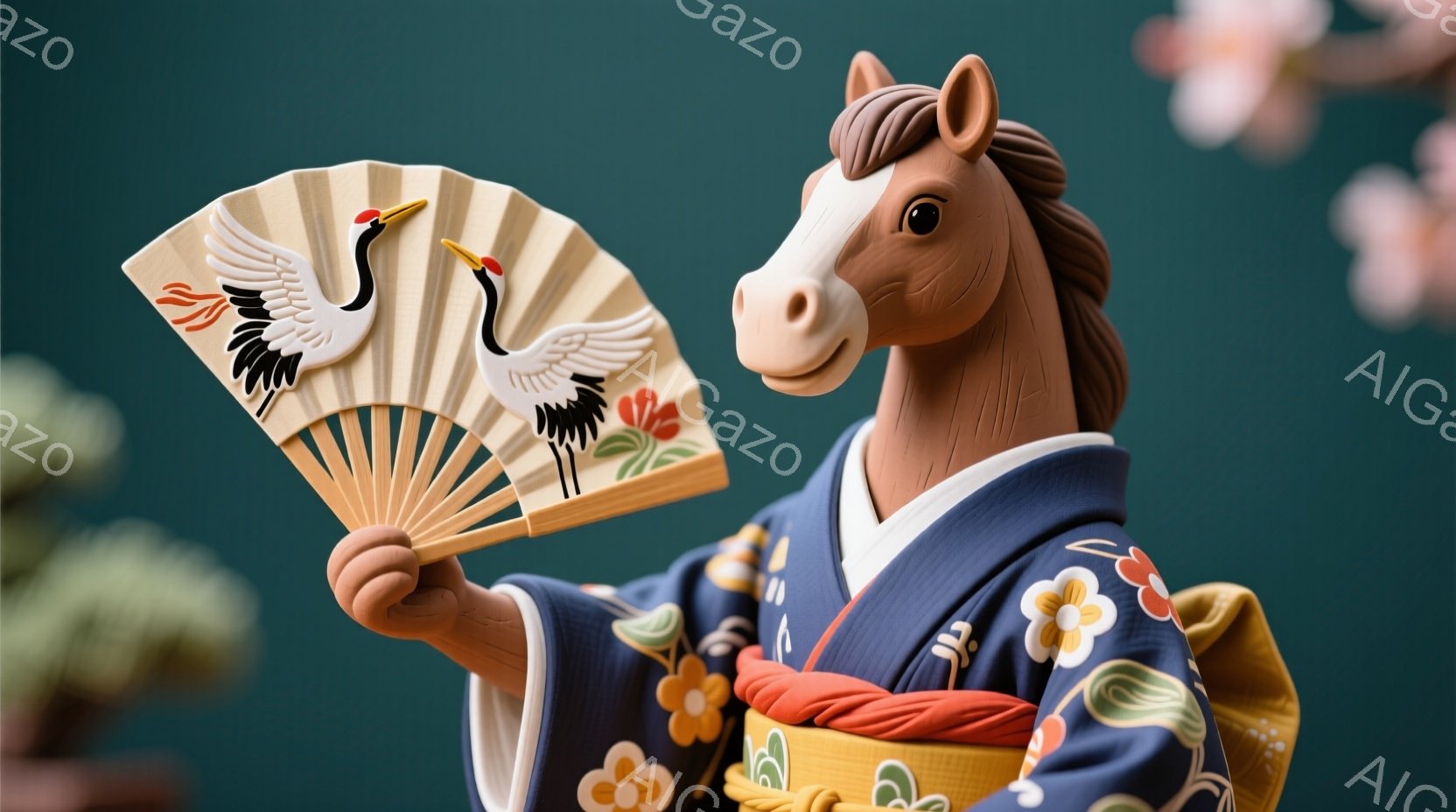 着物を着た馬のフィギュアが描かれています。馬は鮮やかな青色の着物を身につけ、赤い帯で締めています。背景は暗緑色で、ぼやけた桜の花びらが散りばめられており、落ち着いた、芸術的な雰囲気を醸し出しています。