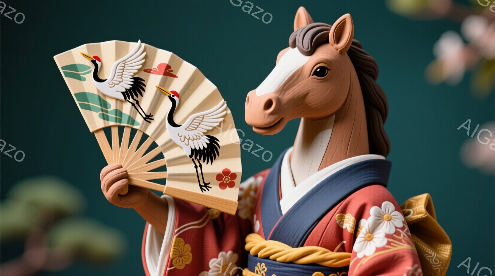 茶色の馬が、赤い着物に金色の帯を締め、白い花模様の帯揚げを付けている。その馬は扇子を持っており、黒い鶴と赤い花の絵が描かれている。背景には緑色の植物と、ぼんやりと見える桜の花びらが散りばめられており、 - AI生成フリー素材