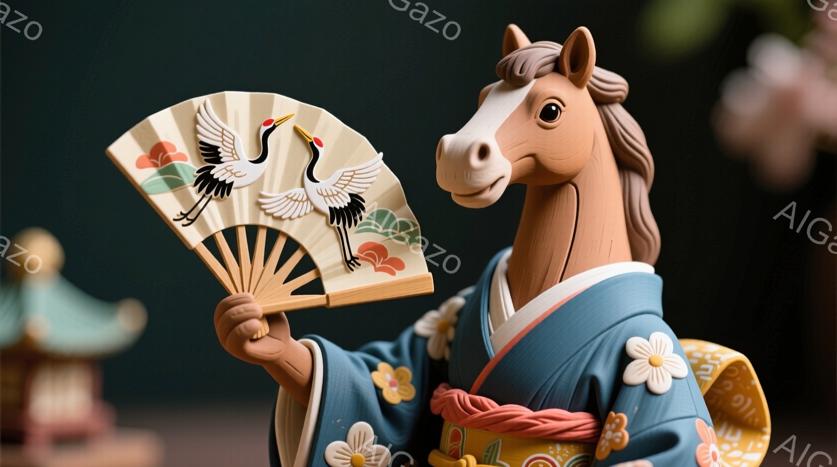 鮮やかな青色の着物を着た馬が、片手に扇子を持って微笑んでいます。着物には、黄色と白の花柄が散りばめられ、帯は鮮やかな黄色で結ばれています。背景には、ぼんやりとした緑とピンクの花々が咲き乱れ、穏やかで春 - AI生成フリー素材