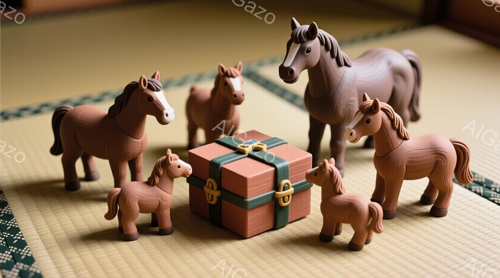 畳の上に、茶色の馬の置物が5体と、オレンジ色のリボンと留め金で飾られた箱が置かれています。馬たちはそれぞれ異なるポーズで箱の周りに集まり、穏やかで優しい雰囲気を醸し出しています。背景の畳とリボンの緑色が、暖かく落ち着いた印象を与えます。