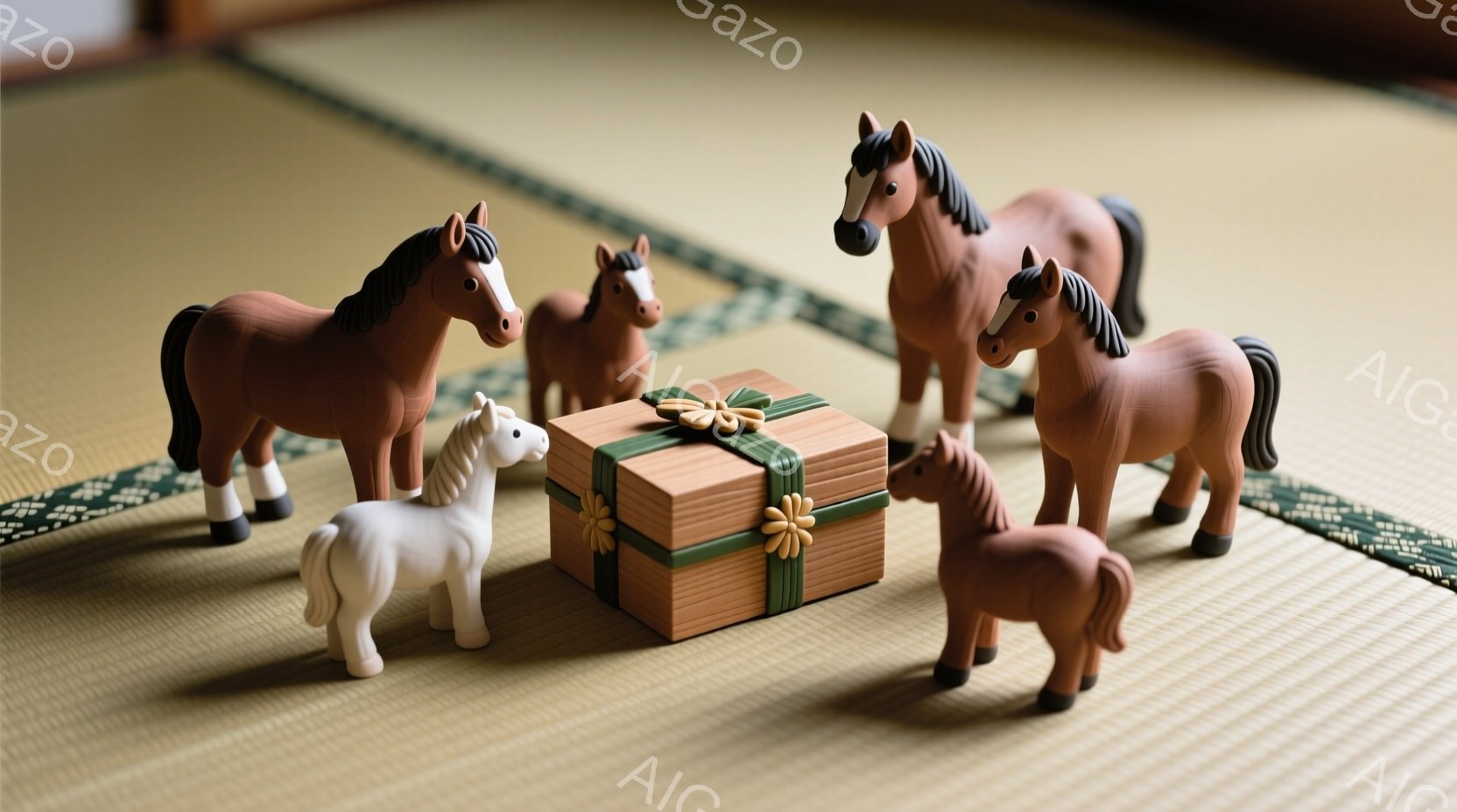 合成樹脂製の馬の置物5体が畳の上に配置され、中央にはリボンと花の飾りを付けた立方体の箱があります。馬たちは様々な大きさで、茶色と白の組み合わせの色合いです。背景は畳の床で、全体的に穏やかで温かい雰囲気 - AI生成フリー素材