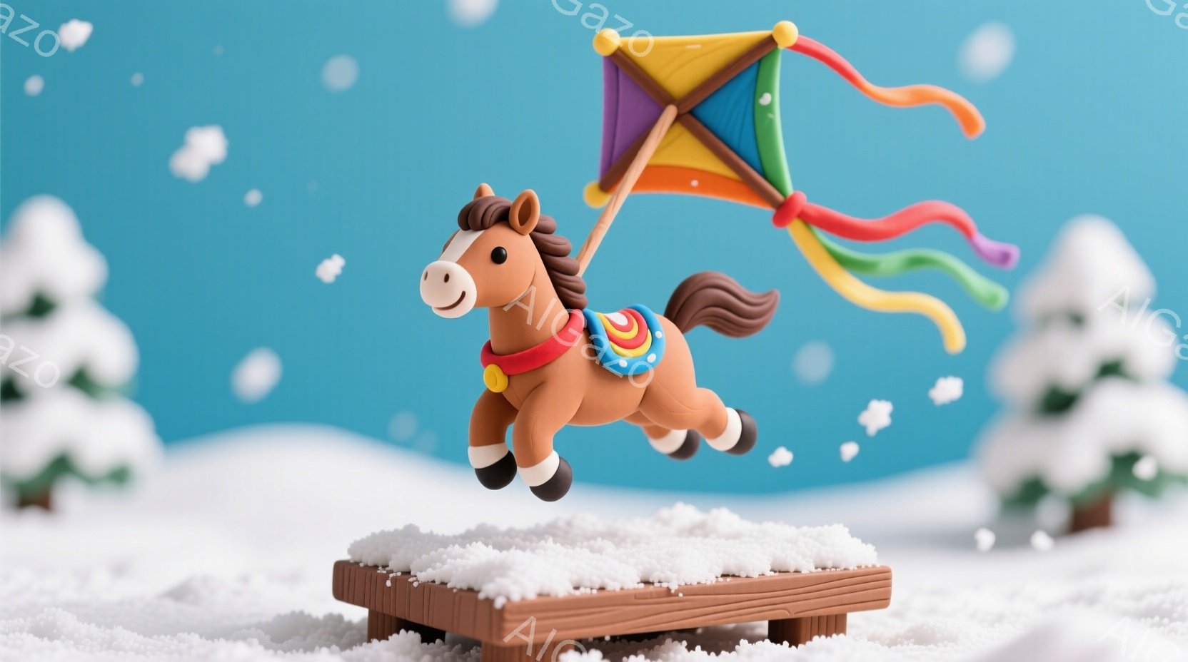 茶色の小さな馬が雪景色の中で飛び跳ねています。赤いベルトと金の装飾がついており、カラフルな凧を手に持っています。背景には雪で覆われた木々と青い空があり、全体的に暖かく、遊び心のある雰囲気です。 - AI生成フリー素材
