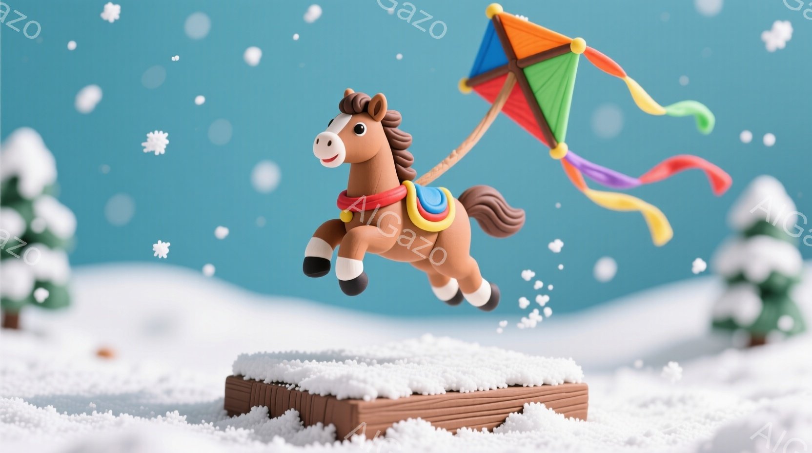 茶色の馬が雪の上に置かれた木製の台の上を駆け抜けている様子が描かれています。馬は赤い鞍をつけており、表情は明るく元気です。背景には雪の積もった木々が見え、空には雪が舞っており、全体的に冬の暖かく、遊び心のある雰囲気が漂っています。