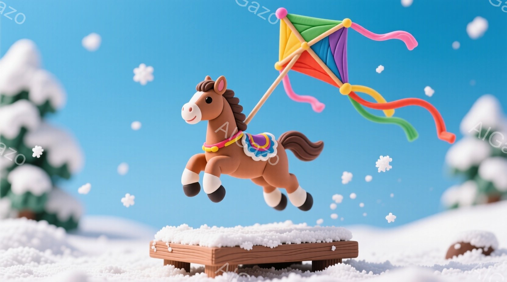 雪景色の中に、茶色の馬が木製の台から飛び降りる様子が描かれています。馬はカラフルな飾りをつけており、活発に走り出す姿が表現されています。背景には雪に覆われた木々と青空が広がり、全体的に明るく楽しい冬の - AI生成フリー素材