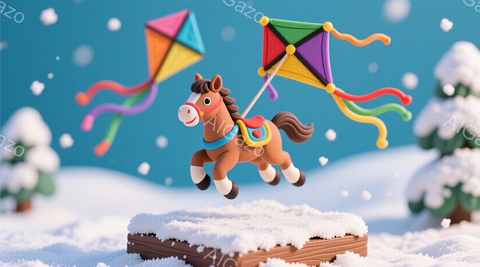 明るいオレンジ色の馬が、雪に覆われた木製の台の上で躍動している。馬は赤い鞍を背負い、虹色の凧が空中で楽しそうに舞っている。背景には雪をまとった緑の木々が点在し、雪が舞う冬のファンタジーな雰囲気を醸し出 - AI生成フリー素材