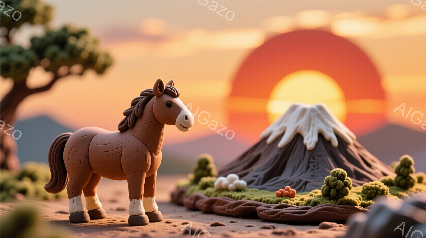 茶色い馬が砂地の前に立っており、穏やかな表情をしています。背景には、雪をかぶった山と、夕焼けのようなオレンジ色の空が広がっており、緑色の茂みが点在する自然豊かな風景が広がっています。全体的に暖かく、平和な雰囲気で、まるで粘土で作られたジオラマのような可愛らしい光景です。