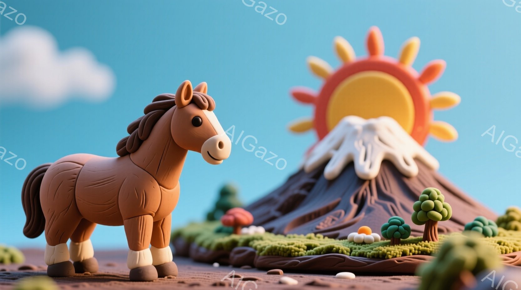 茶色い粘土で作られた馬が、緑色の粘土の草原と茶色の粘土の山の前に立っています。山からは白い粘土で作られた煙が立ち上り、背景には青い空が広がっています。全体的に、手作り感のある温かく可愛らしい雰囲気のジオラマです。