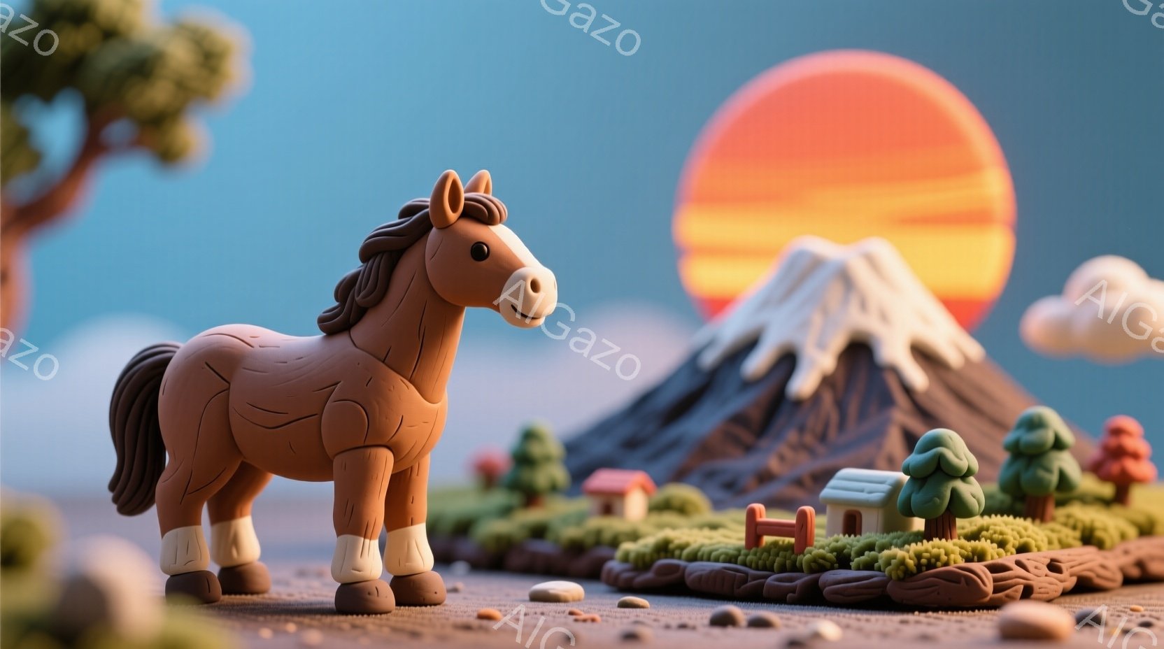 茶色の馬が小さな村を背景に立っている様子を描いています。背景には、雪をかぶった富士山と夕焼けのような赤い太陽が見え、緑色の樹木と可愛らしい家が配置されています。全体的に、温かく、童話のような雰囲気で、 - AI生成フリー素材