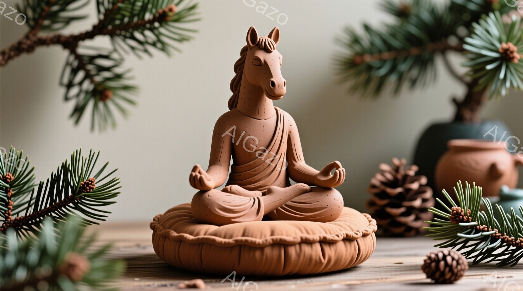 陶器製の仏像が、瞑想のポーズで座っています。その姿は人間のような体つきでありながらも、頭部は馬のそれであり、ユニークな印象を与えます。背景には木製のテーブルと、松の枝、松ぼっくりなどが配置され、落ち着いた自然の雰囲気を作り出しています。