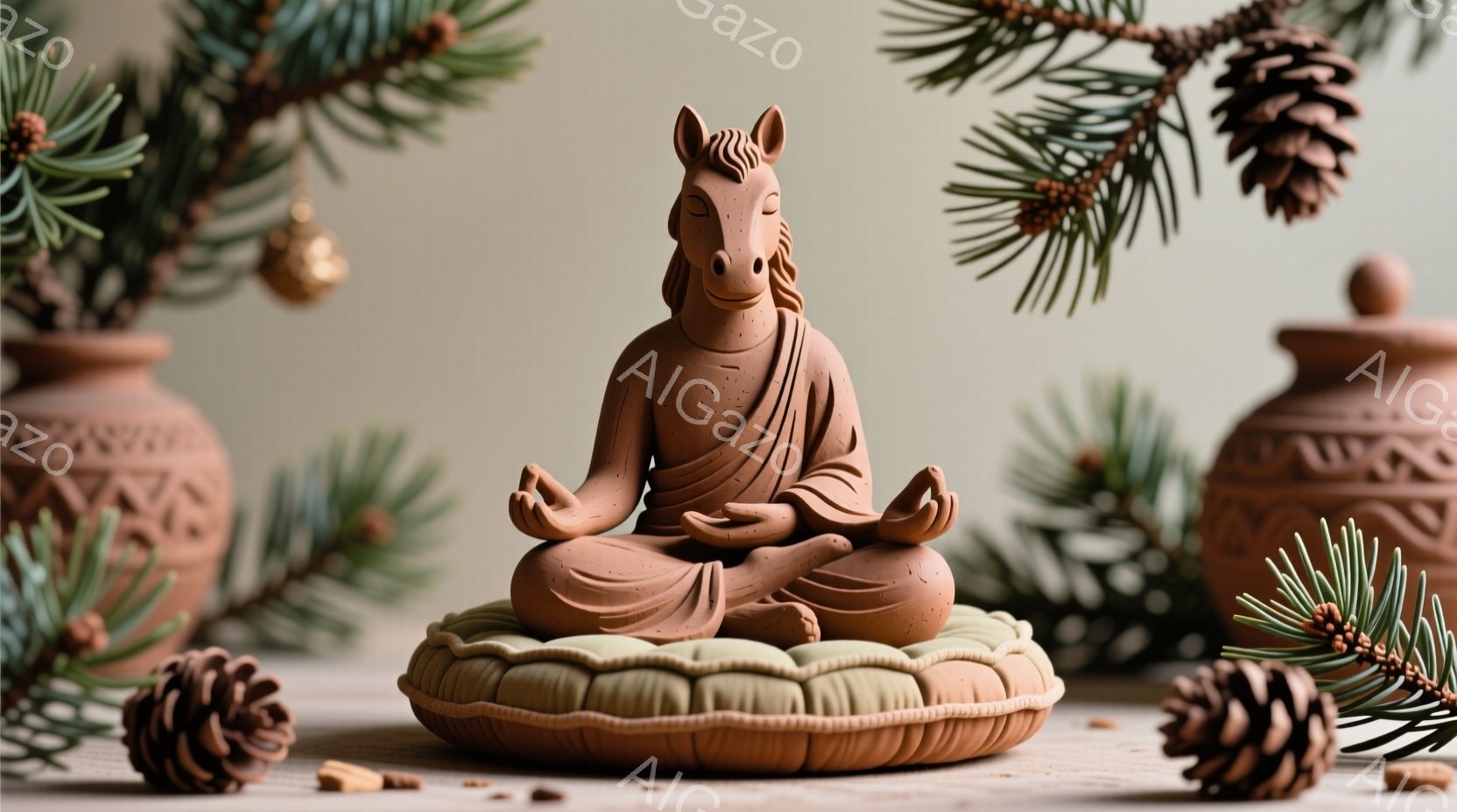 陶器製の馬の像が、緑色の丸いクッションの上に座禅を組んでいます。馬は赤いローブを身に着け、穏やかな表情で目を閉じて瞑想しています。背景には、松の枝や松ぼっくり、素朴な陶器の壺が配置され、落ち着いた静謐な雰囲気を醸し出しています。