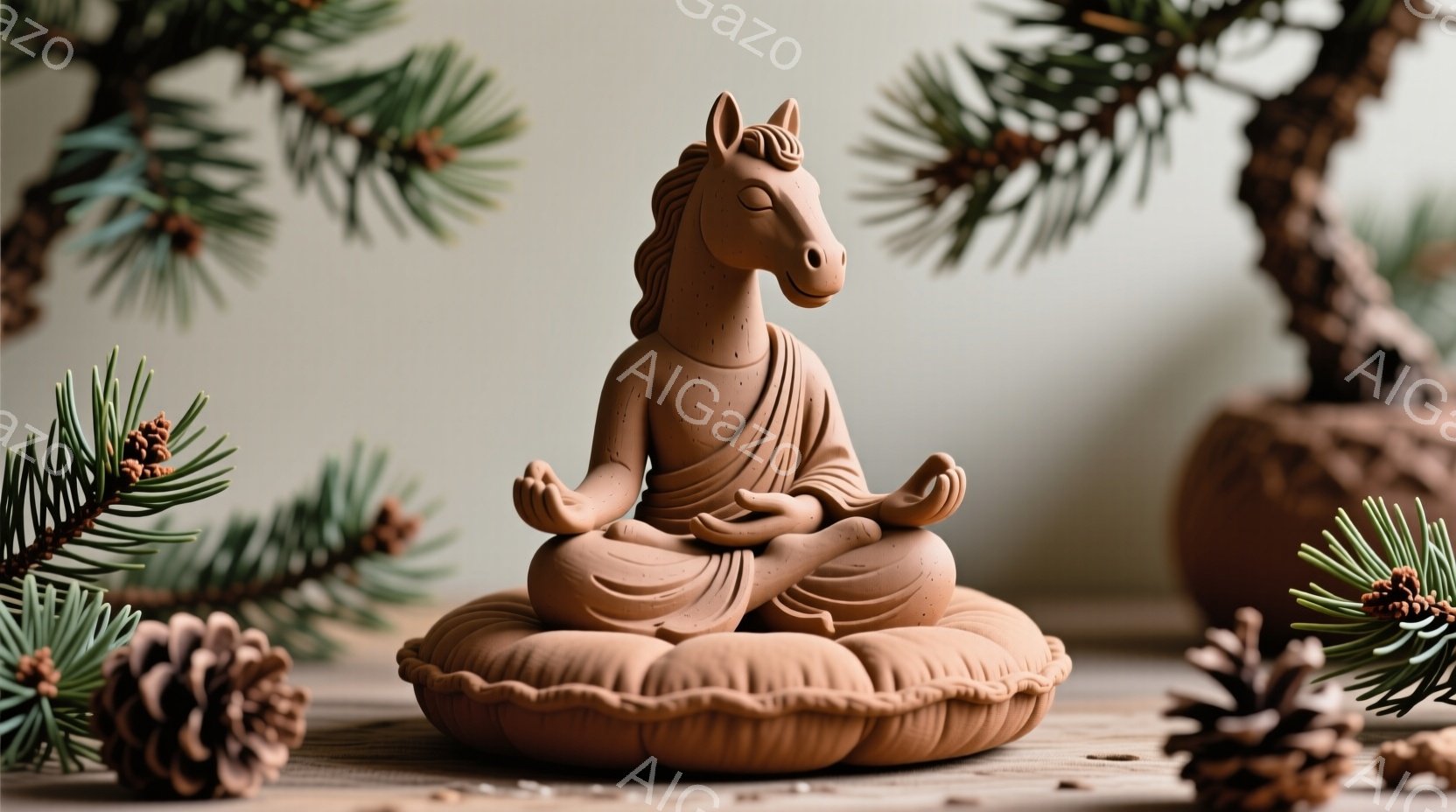 赤茶色の陶器で作られた、瞑想する馬の像が描かれています。馬は座禅を組み、穏やかな表情を浮かべており、簡素なローブのようなものを身につけています。背景には針葉樹の枝と松ぼっくりが散りばめられており、落ち - AI生成フリー素材