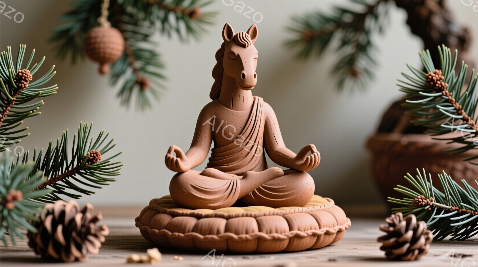 陶器のような質感の、瞑想する馬の像が描かれています。像は蓮華座に座り、ローブをまとっており、穏やかで静寂な表情をしています。背景には、松ぼっくりと針葉樹の枝が配置され、落ち着いた自然の雰囲気を醸し出しています。