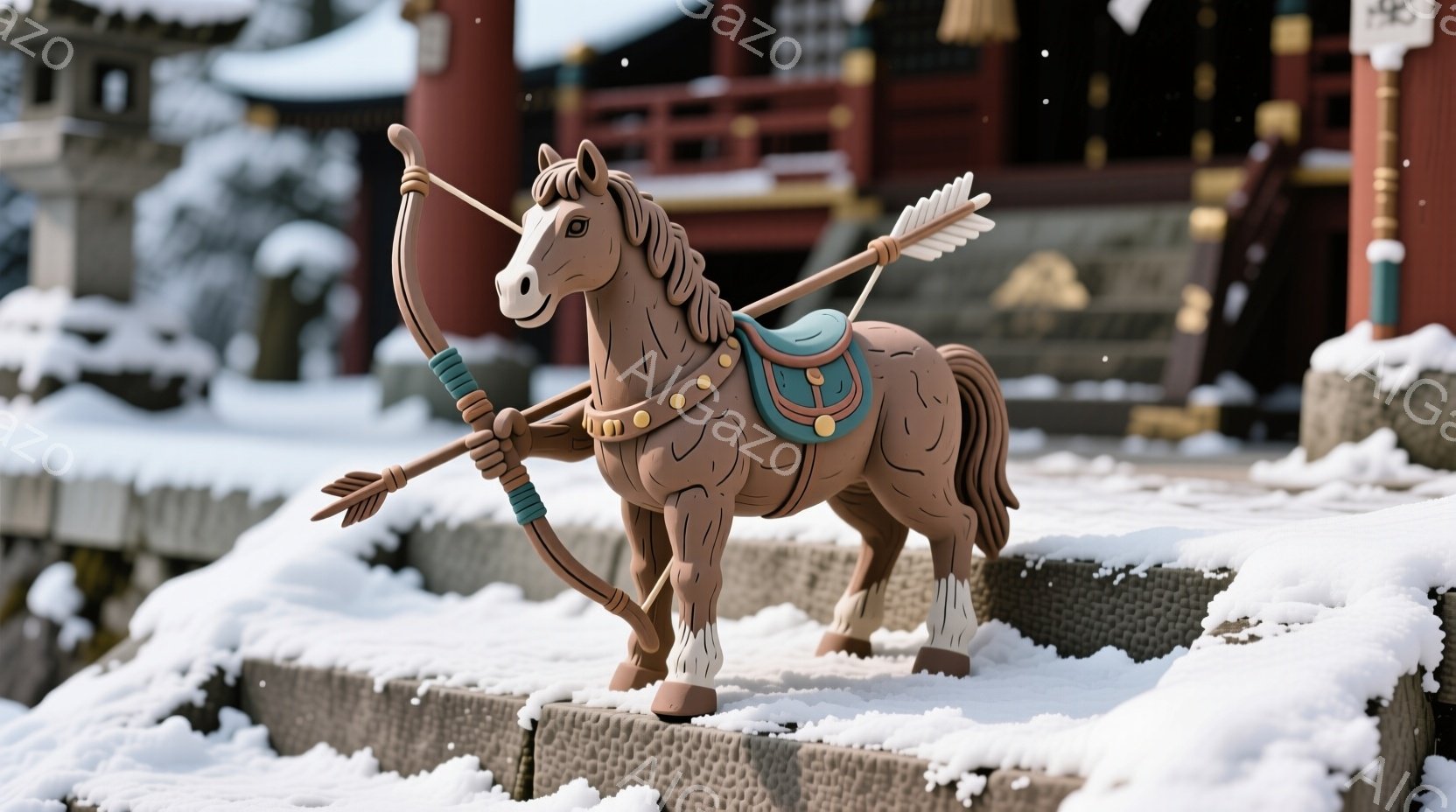 雪が降る寺院の石段に、木彫りの馬が立っている。馬は茶色で、装飾的な鞍と弓矢を背負っており、まるで武士のようである。背景には、鮮やかな朱色の寺院建築が見え、冬の静寂と歴史的な雰囲気が漂っている。