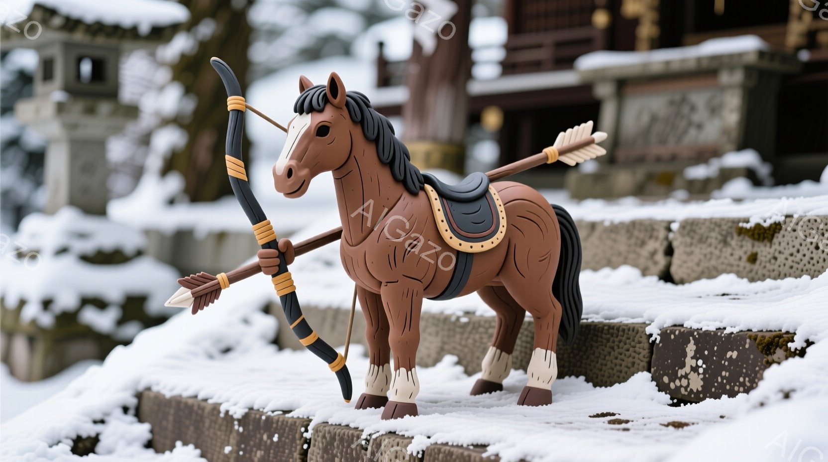 茶色い馬が階段の上に立っており、弓と矢を身につけています。背景には雪が積もり、伝統的な様式の建物が見え、冬の静かな雰囲気を醸し出しています。馬は毅然とした姿勢で、どこか神聖な存在のように見えます。 - AI生成フリー素材