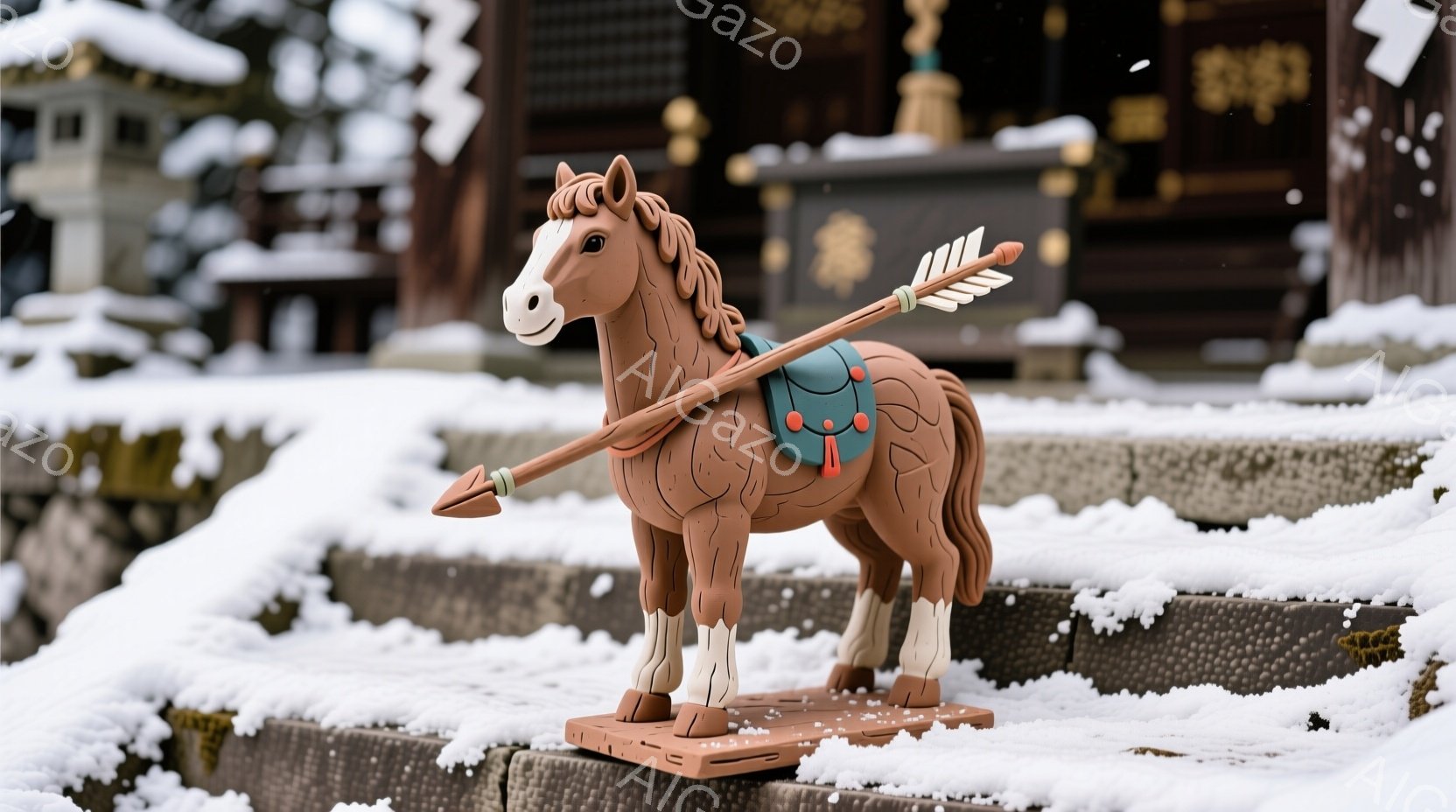 雪が降り積もる石段の上に、陶器製の馬の像が置かれています。馬は茶色で、赤い模様が入った鞍を背負い、手に矢を持っています。背景には、雪化粧した寺院の建物が見え、静かで厳かな雰囲気が漂っています。 - AI生成フリー素材