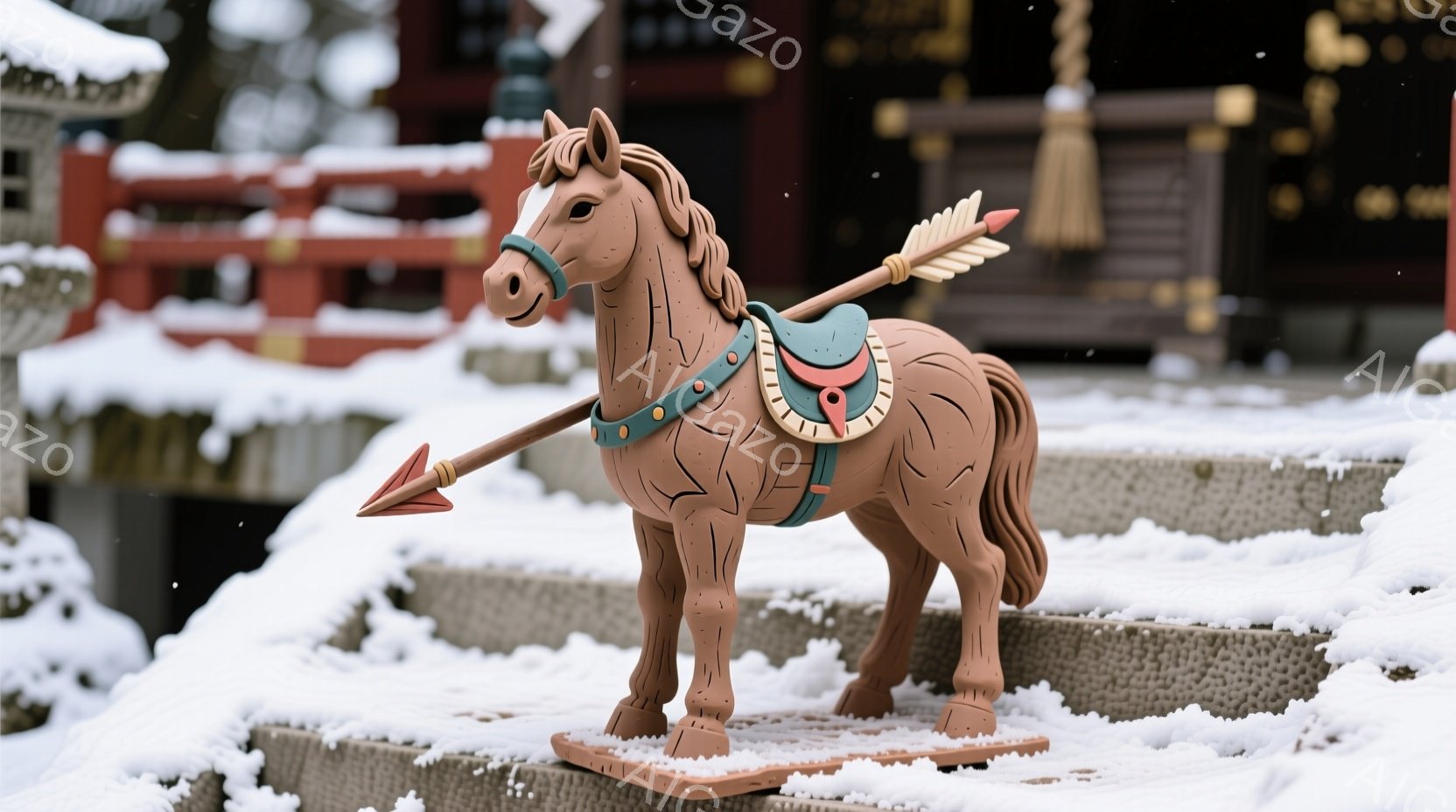 雪が降り積もる石段の上に、土製の馬の像が置かれています。馬は赤い鞍を背負い、右手に矢を携えています。背景には赤い神社の建物が見え、全体的に厳かで静寂な雰囲気が漂っています。 - AI生成フリー素材