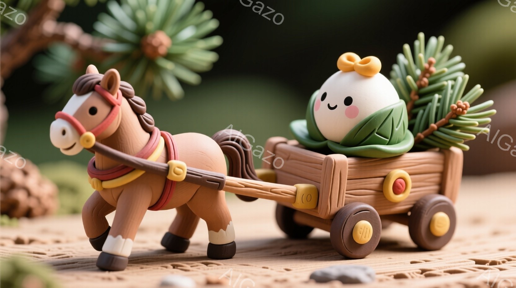 粘土のような質感の可愛らしい馬が、木製の荷車を引いています。荷車には、緑の葉っぱに包まれた、笑顔の白いキャラクターが乗っており、楽しそうな雰囲気です。背景にはぼやけた木々や落ち葉が見え、温かく穏やかな自然の中で物語が始まるような、ほのぼのとした情景が広がっています。