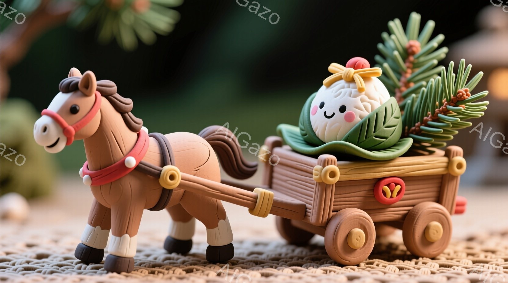 陶器のような質感のオレンジ色の馬が、木の荷車を引いています。荷車には、緑の葉で飾られた白い塊が乗っており、まるでクリスマスの飾り付けのようです。背景はぼかされており、藁のような敷物の上に置かれていることから、素朴で温かい雰囲気が漂っています。