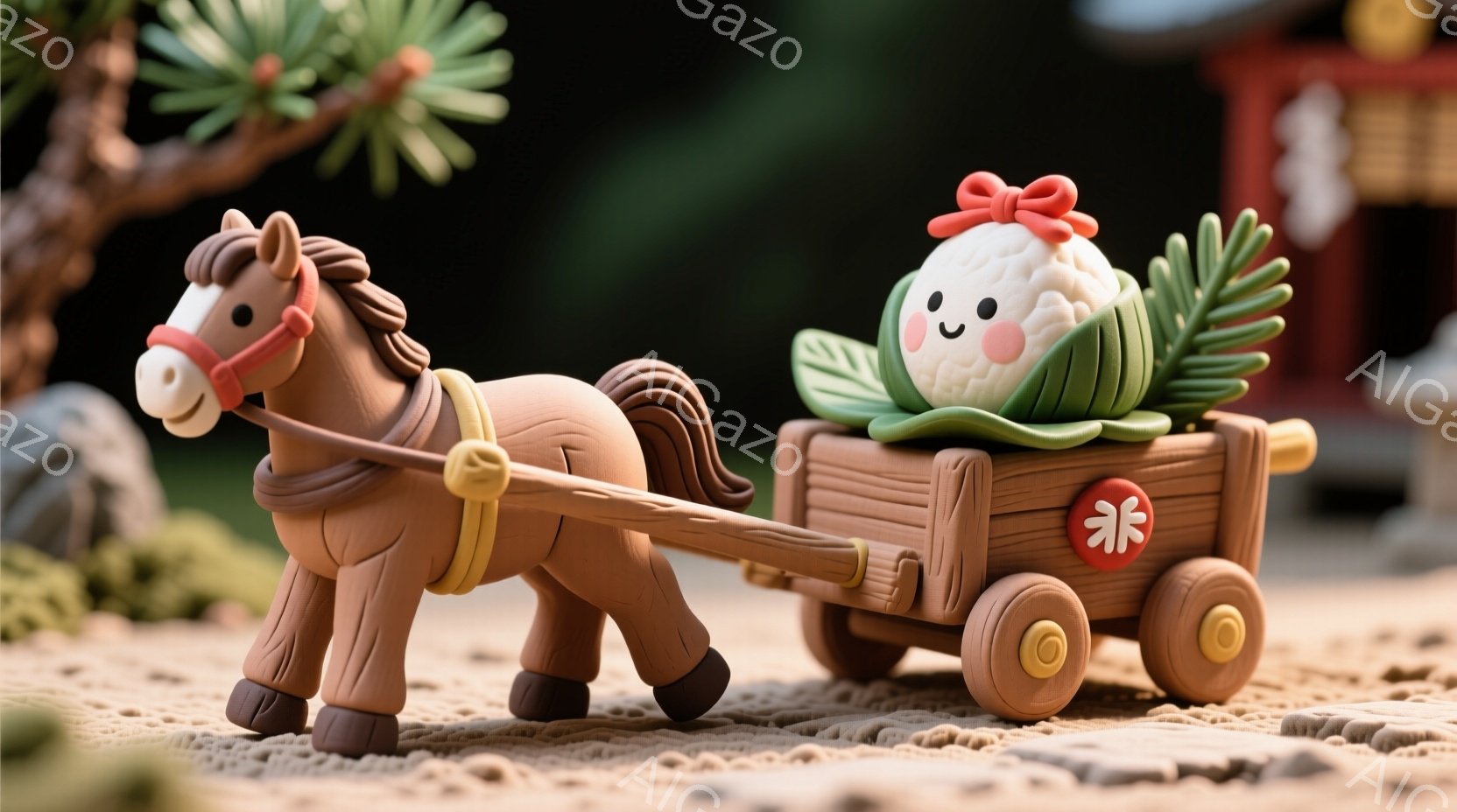 小さな粘土で作られたような馬が、荷車を引いています。荷車には、大きな団子のようなものが乗っており、緑の葉と赤いリボンで飾られています。背景には、ぼやけた寺院のような建物と、茶色の土の地面が見え、全体的に温かく、おとぎ話のような雰囲気です。