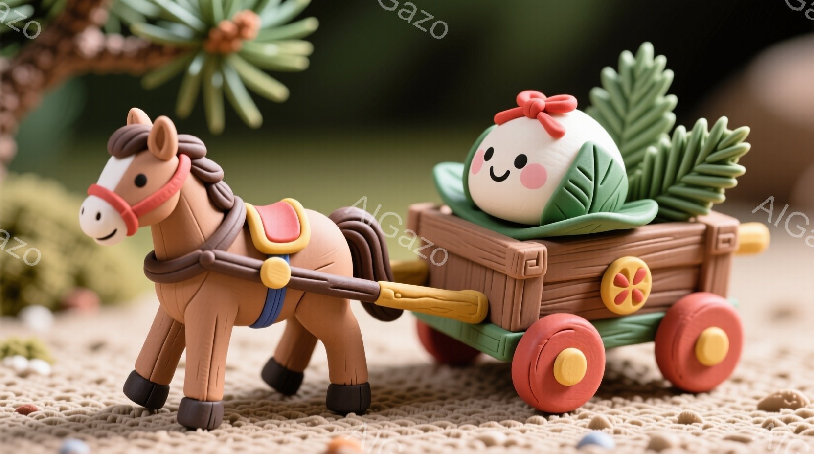 茶色い馬が木製のカートを引いています。カートには緑の葉っぱと白い顔のキャラクターが乗っており、楽しそうな表情をしています。背景にはぼやけた自然があり、全体的に温かく、牧歌的な雰囲気です。