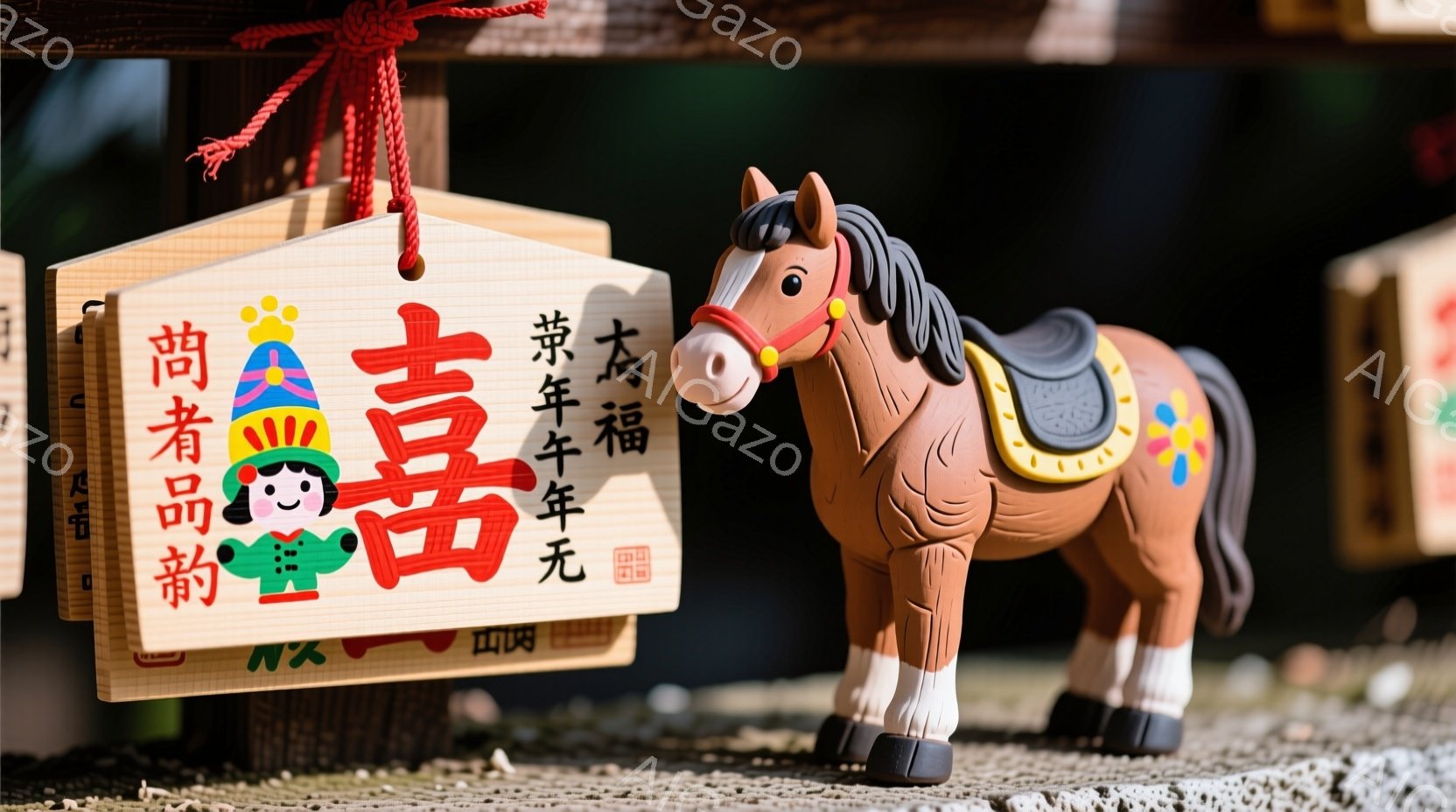 木製の馬のおもちゃが、簡素な背景の前に置かれている。馬は茶色の体に、黒いたてがみと尾、そしてカラフルな模様が描かれた鞍を装備している。背景には、書道で書かれた文字が入った木製の飾り板が見え、全体的に日本の伝統的なお祭りや祈りの雰囲気が漂っている。