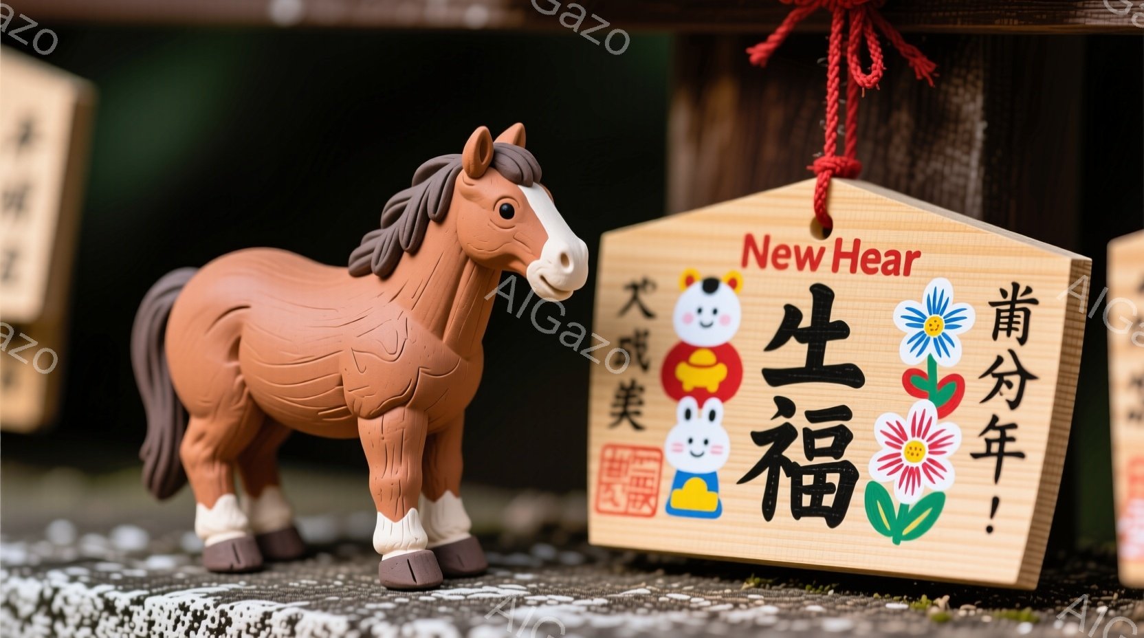 土製の馬の置物が写っており、背景には新年を祝う掛け軸が並んでいます。馬は茶色で、黒い鬣と尾を持ち、四つ足で静かに立っています。地面は雪で覆われており、全体的に静かで厳かな新年の雰囲気を醸し出しています。