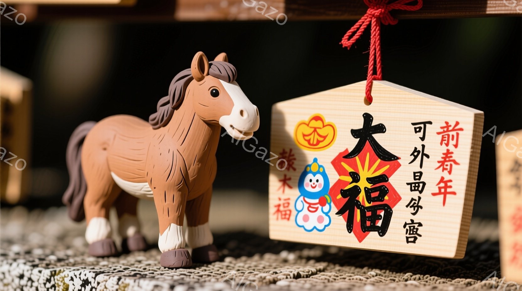 木彫りの茶色の馬の置物が、白い小さな敷物の上に置かれています。背景には、書道で「福」と書かれた木製の板があり、赤い紐で結ばれています。全体的に暖かく、縁起の良い雰囲気が漂い、新年を祝うための飾り付けで - AI生成フリー素材