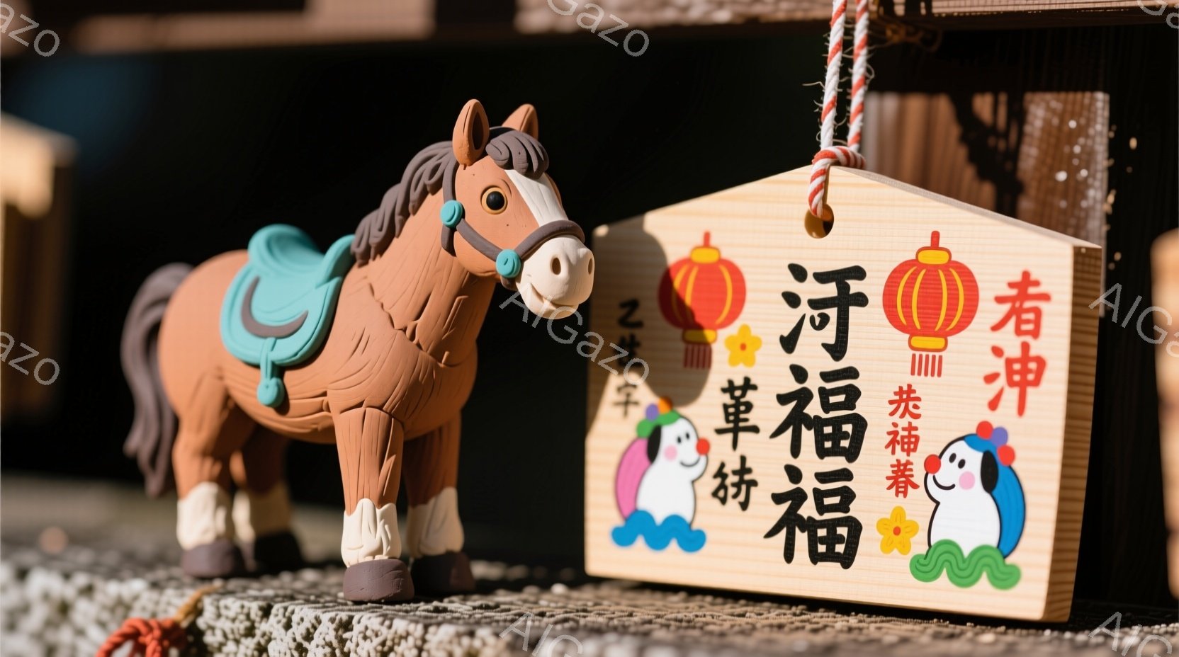 鮮やかなオレンジ色の木彫りの馬が、狛犬が描かれた木製の絵馬の前に置かれています。馬は鞍を背中に乗せ、穏やかな表情をしています。背景には木製の建造物が見え、地面は小石で覆われており、神聖な雰囲気が漂って - AI生成フリー素材