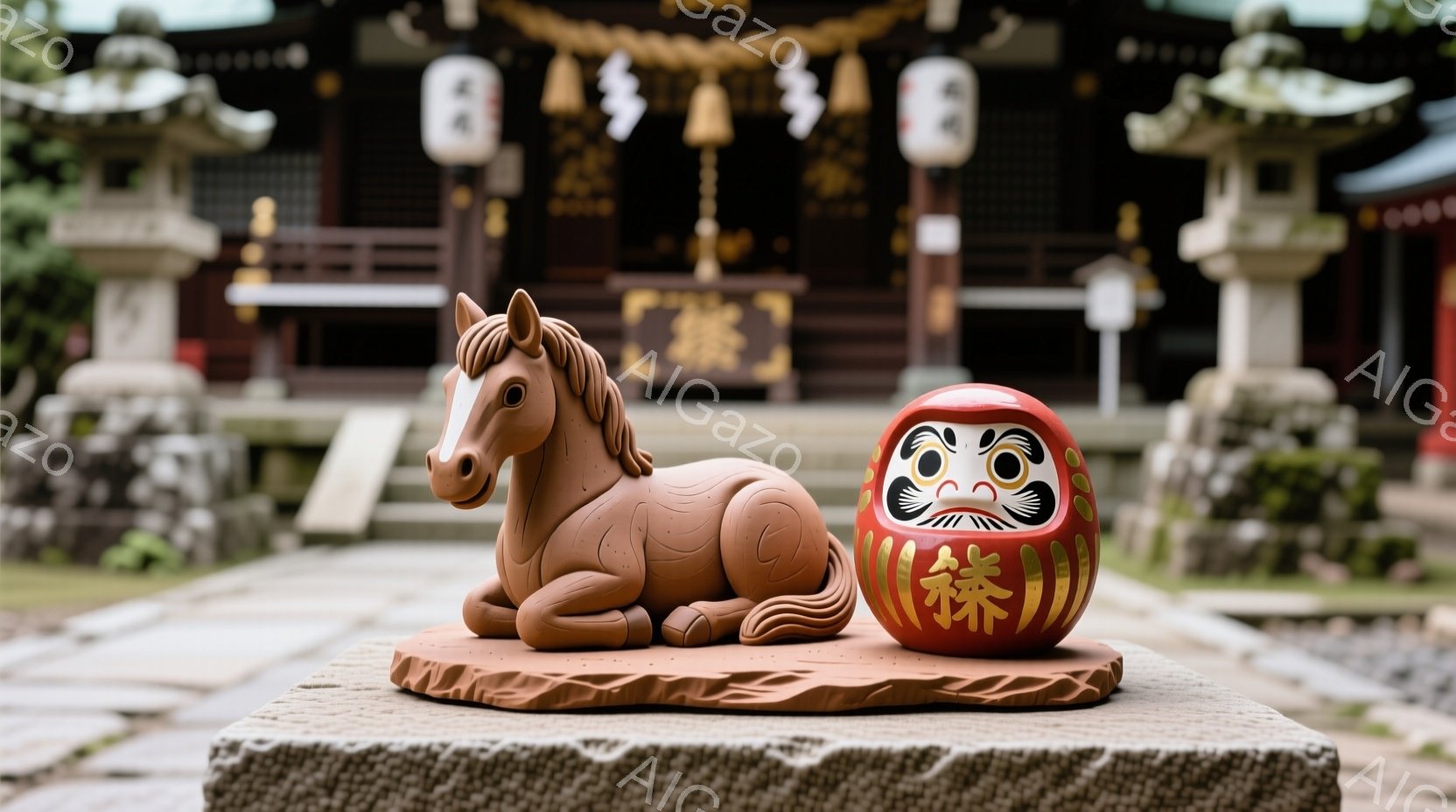 石の台の上に、土製の馬の置物と、赤くて大きな達磨人形が並んで置かれている。背景には、緑豊かな木々が生い茂り、伝統的な様式の寺院が見える。穏やかな日差しが差し込み、静かで平和な雰囲気を醸し出している。 - AI生成フリー素材