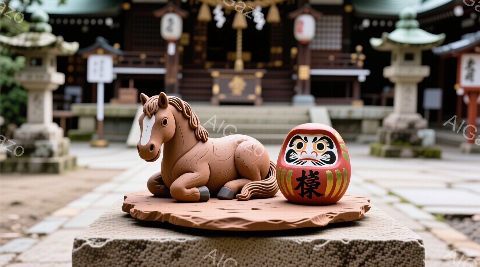 土製の馬の置物が、石の台座の上に横たわっている。その隣には、赤いダルマの人形が置かれている。背景には、伝統的な建築様式の寺院が見え、緑豊かな木々や石畳の道が広がり、静かで穏やかな雰囲気が漂っている。 - AI生成フリー素材